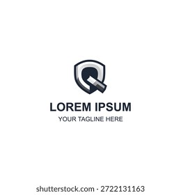 Grauer Buchstabe Q Logo in Schildform für Sicherheitsfirma auf weißem Hintergrund, einfach und fett.