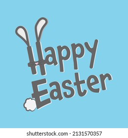 grey lettering happy easter with rabbit tail and ears on blue background	
