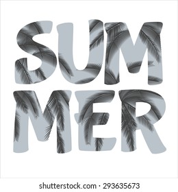 Grey lettering text SUMMER with palm's leaves on white background vector illustration
