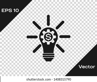 Grey Light bulb with gear inside and dollar symbol icon isolated on transparent background. Fintech innovation concept. Vector Illustration