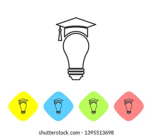 Grey Light bulb and graduation cap line icon isolated on white background. University Education concept. Set icon in color rhombus buttons. Vector Illustration