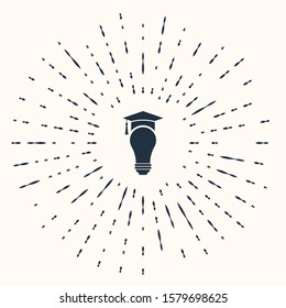 Grey Light bulb and graduation cap icon isolated on beige background. University Education concept. Abstract circle random dots. Vector Illustration