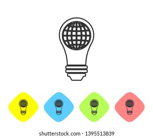 Grey Light bulb with inside world globe line icon isolated on white background. Planet Earth on the lamp. Global ecology concept. Set icon in color rhombus buttons. Vector Illustration