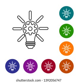 Grey Light bulb with rays shine and gear inside line icon isolated on white background. Innovation concept. Set icon in color circle buttons. Vector Illustration Grey Light bulb with rays shine and gear inside line icon isolated on white background. Innovation concept. Set icon in color circle buttons. Vector Illustration