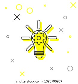 Grey Light bulb with rays shine and gear inside line icon isolated on white background. Innovation concept. Vector Illustration