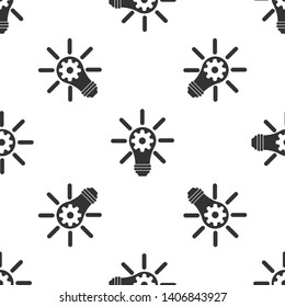 Grey Light bulb with rays shine and gear inside icon isolated seamless pattern on white background. Innovation concept. Vector Illustration