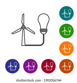 Grey Light bulb with wind turbine as idea of eco friendly source of energy line icon isolated on white background. Alternative energy concept. Set icon in color circle buttons. Vector Illustration