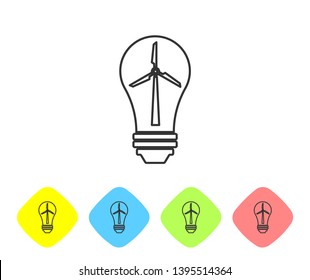Grey Light bulb with wind turbine as idea of eco friendly source of energy line icon isolated on white background. Alternative energy concept. Set icon in color rhombus buttons. Vector Illustration