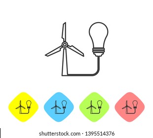 Grey Light bulb with wind turbine as idea of eco friendly source of energy line icon isolated on white background. Alternative energy concept. Set icon in color rhombus buttons. Vector Illustration