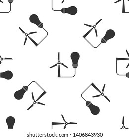 Grey Light bulb with wind turbine as idea of eco friendly source of energy icon isolated seamless pattern on white background. Alternative energy concept. Vector Illustration