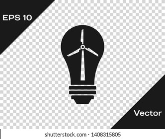 Grey Light bulb with wind turbine as idea of eco friendly source of energy icon isolated on transparent background. Alternative energy concept. Vector Illustration