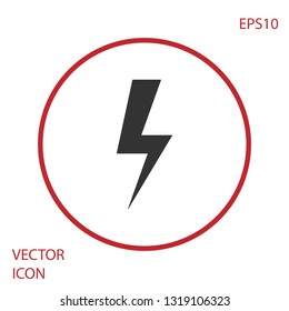 Grey Lightning bolt icon isolated on white background. Flash icon. Charge flash icon. Thunder bolt. Lighting strike. Red circle button. Vector Illustration