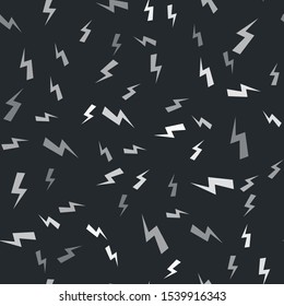 Grey Lightning bolt icon isolated seamless pattern on black background. Flash icon. Charge flash icon. Thunder bolt. Lighting strike.  Vector Illustration