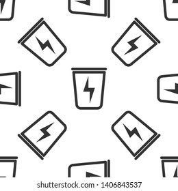 Grey Lightning with trash can icon isolated seamless pattern on white background. Waste to energy. Garbage bin sign. Recycle basket sign. Vector Illustration