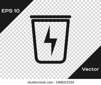 Grey Lightning with trash can icon isolated on transparent background. Waste to energy. Garbage bin sign. Recycle basket sign. Vector Illustration