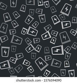 Grey Lightning with trash can icon isolated seamless pattern on black background. Waste to energy. Garbage bin sign. Recycle basket sign.  Vector Illustration
