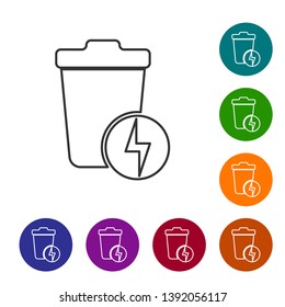 Grey Lightning with trash can line icon isolated on white background. Waste to energy. Garbage bin sign. Recycle basket sign. Set icon in color circle buttons. Vector Illustration