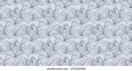 Grey lilies, floral seamless repeat pattern vector background, repeating wallpaper.