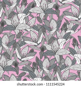 Grey lilies on pink background seamless pattern.Background for wallpapers, textiles, papers, fabrics, web pages. Floral ornament, vintage style.