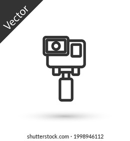 Icono de cámara extrema de acción de línea gris aislado en fondo blanco. Equipo de videocámara para filmar deportes extremos.  Vector