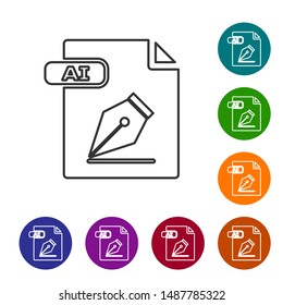 Grey line AI file document. Download ai button icon isolated on white background. AI file symbol. Set icons in color circle buttons. Vector Illustration