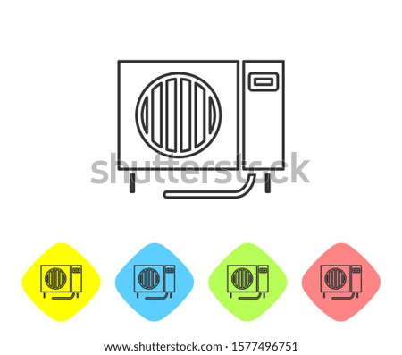 Grey line Air conditioner icon isolated on white background. Split system air conditioning. Cool and cold climate control system. Set icons in color rhombus buttons. Vector Illustration