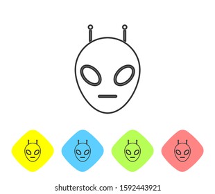 Grey line Alien icon isolated on white background. Extraterrestrial alien face or head symbol. Set icons in color rhombus buttons. Vector Illustration
