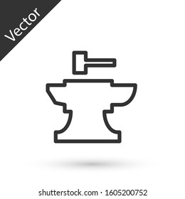 Grey line Anvil for blacksmithing and hammer icon isolated on white background. Metal forging. Forge tool.  Vector Illustration