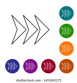 Grey line Arrow icon isolated on white background. Direction Arrowhead symbol. Navigation pointer sign. Set icon in color circle buttons. Vector Illustration
