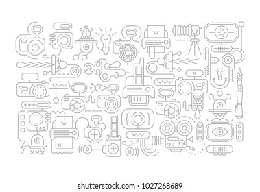 Grey line art doodle image on a white background Photo Laboratory Equipment vector illustration.