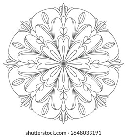 A grey line art mandala features a circular floral pattern with intricate details and symmetrical design elements against a white background. The style is simple yet elegant.