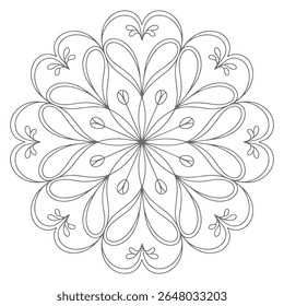 A grey line art mandala features a symmetrical floral pattern on a white background. The design is circular and intricate with detailed lines creating a decorative ornament.