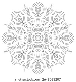 A grey line art mandala features a circular pattern with intricate symmetrical floral details on a white background. The design is detailed and decorative.