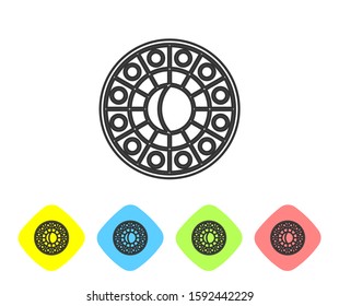 Grey line Astrology horoscope circle with zodiac icon isolated on white background. Set icons in color rhombus buttons. Vector Illustration