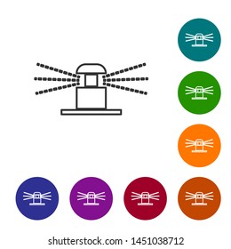 Grey line Automatic irrigation sprinklers icon isolated on white background. Watering equipment. Garden element. Spray gun icon. Set icon in color circle buttons. Vector Illustration
