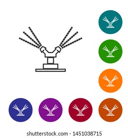 Grey line Automatic irrigation sprinklers icon isolated on white background. Watering equipment. Garden element. Spray gun icon. Set icon in color circle buttons. Vector Illustration