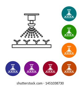 Grey line Automatic irrigation sprinklers icon isolated on white background. Watering equipment. Garden element. Spray gun icon. Set icon in color circle buttons. Vector Illustration