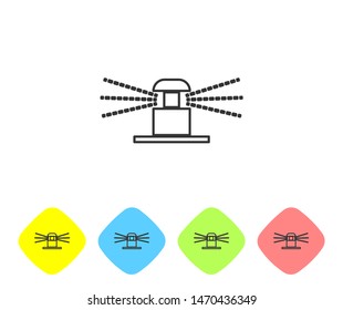 Grey line Automatic irrigation sprinklers icon isolated on white background. Watering equipment. Garden element. Spray gun icon. Set icon in color rhombus buttons. Vector Illustration