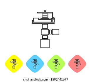 Grey line Automatic irrigation sprinklers icon isolated on white background. Watering equipment. Garden element. Spray gun icon. Set icons in color rhombus buttons. Vector Illustration