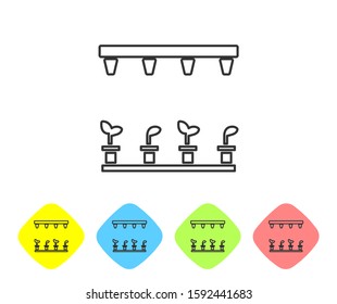 Grey line Automatic irrigation sprinklers icon isolated on white background. Watering equipment. Garden element. Spray gun icon. Set icons in color rhombus buttons. Vector Illustration