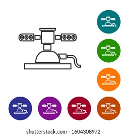 Grey line Automatic irrigation sprinklers icon isolated on white background. Watering equipment. Garden element. Spray gun icon. Set icons in color circle buttons. Vector Illustration