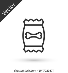 Grey line Bag of food for pet icon isolated on white background. Food for animals. Dog bone sign. Pet food package. Vector