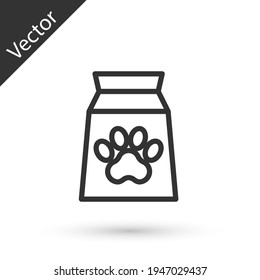 Grey line Bag of food for pet icon isolated on white background. Food for animals. Dog bone sign. Pet food package. Vector