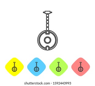 Grey line Banjo icon isolated on white background. Musical instrument. Set icons in color rhombus buttons. Vector Illustration