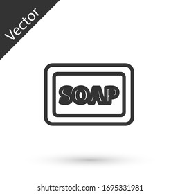 Grey line Bar of soap with foam icon isolated on white background. Soap bar with bubbles. Vector Illustration