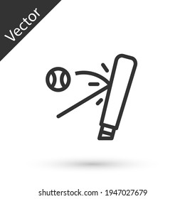 Grey line Baseball bat with ball icon isolated on white background. Vector