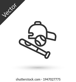 Grey line Baseball bat with ball, hat icon isolated on white background. Vector