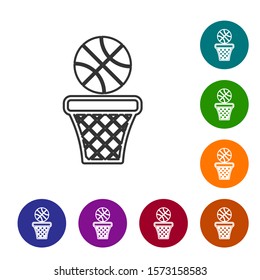 Grey line Basketball ball and basket icon isolated on white background. Ball in basketball hoop. Set icons in color circle buttons. Vector Illustration