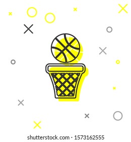 Grey line Basketball ball and basket icon isolated on white background. Ball in basketball hoop.  Vector Illustration