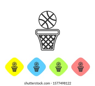 Grey line Basketball ball and basket icon isolated on white background. Ball in basketball hoop. Set icons in color rhombus buttons. Vector Illustration